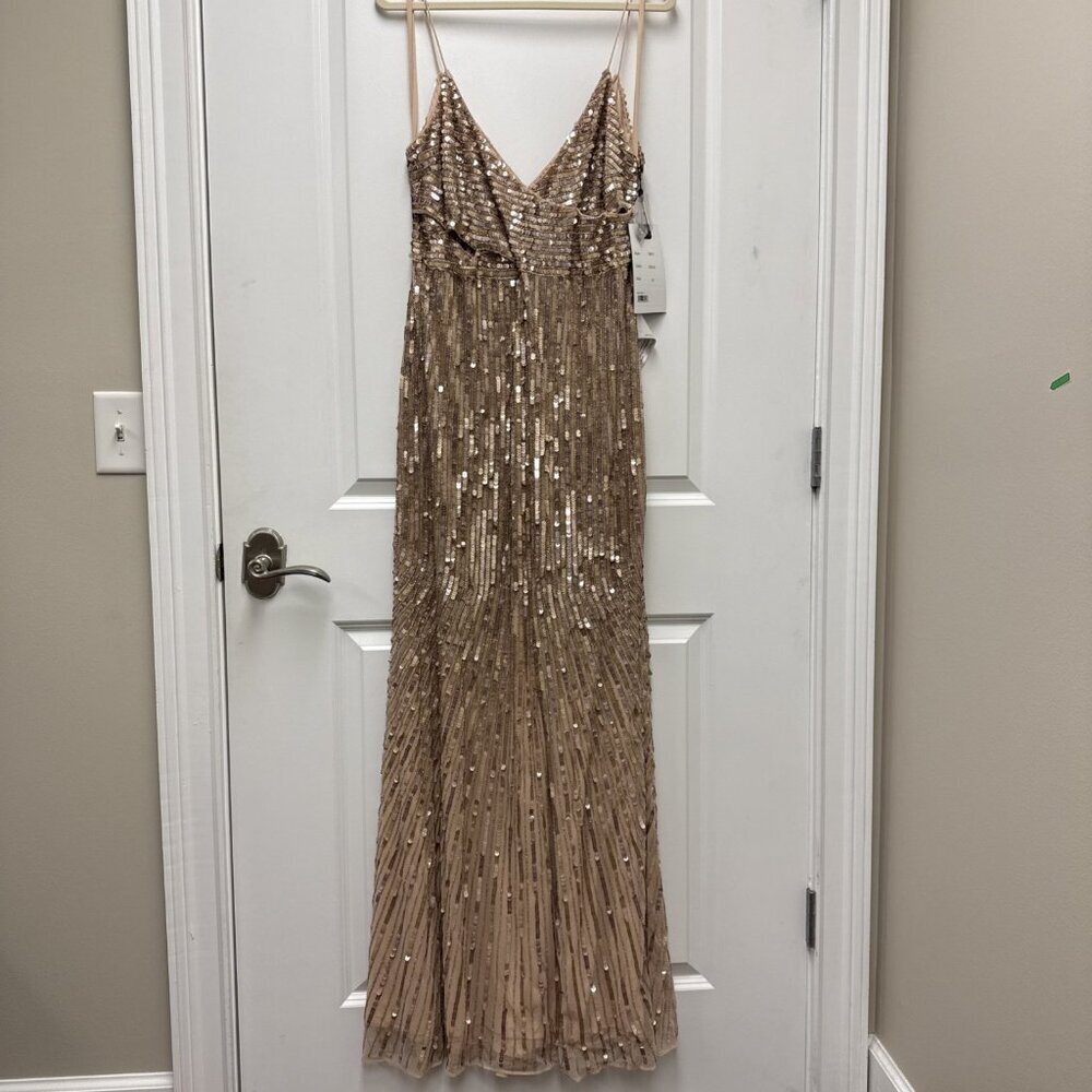 Mac Duggal Size 14 Gold 10817 Sequin Beaded Spaghetti Strap V-neck Gown Dress - Picture 4 of 11